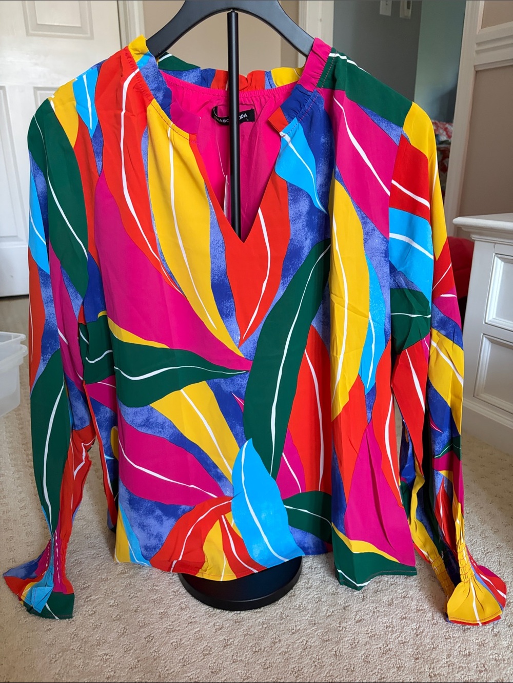 Bright Multi-Color V-Neck Blouse - Bold Tropical Print
